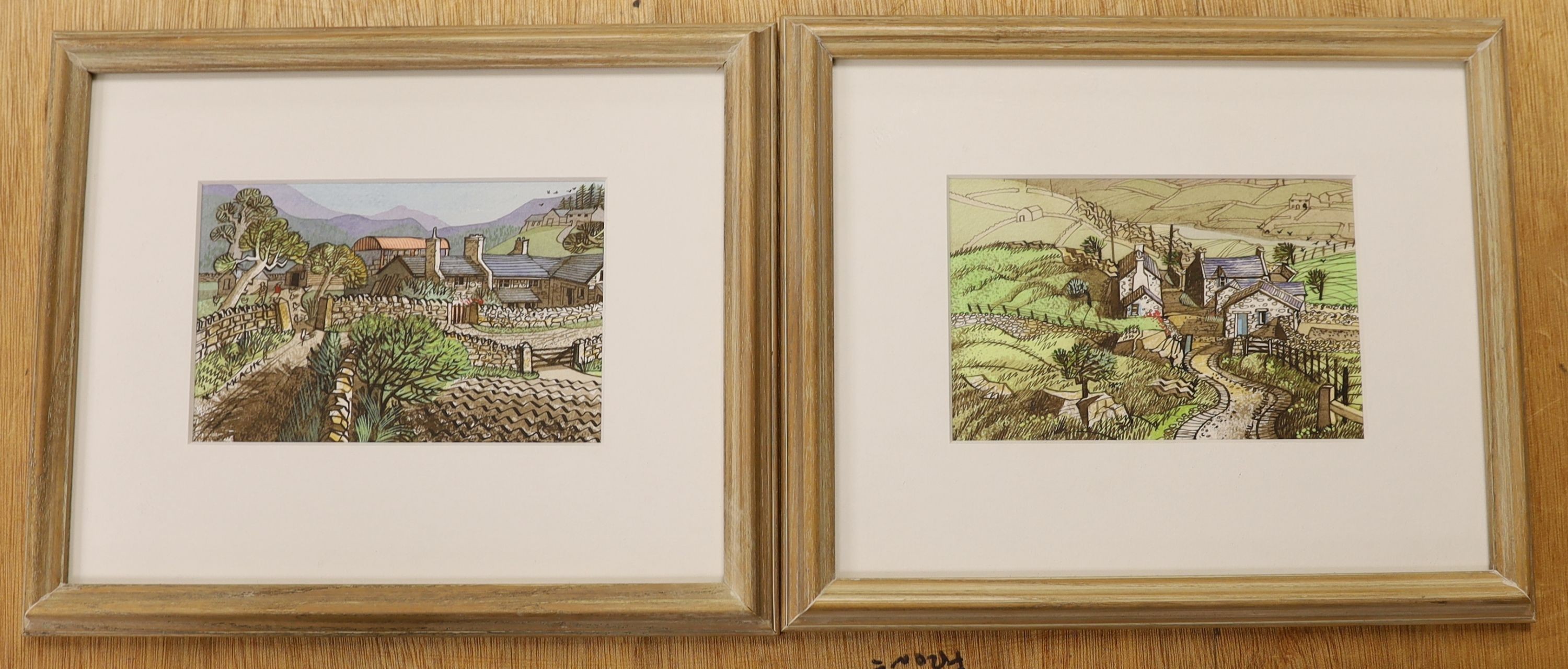 Neil Meacher (1934-2010), two ink and watercolours, 'Feeding Time', signed and inscribed verso 10x16cm and 'Welsh Farm, Snowdonia', signed and inscribed verso 10x16cm